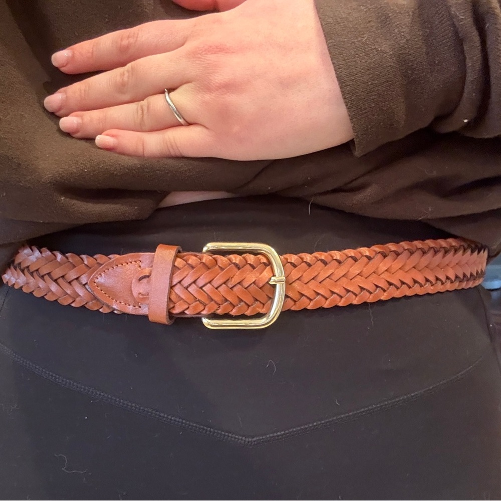 Braided Tan Real Leather Belt with Gold Buckle